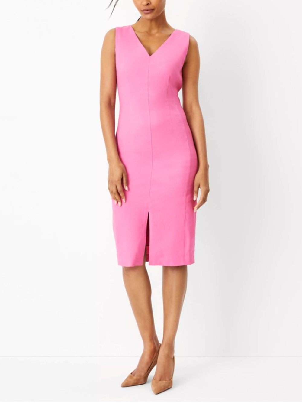 Ann Taylor Hot Pink V-Neck Midi Sheath Dress